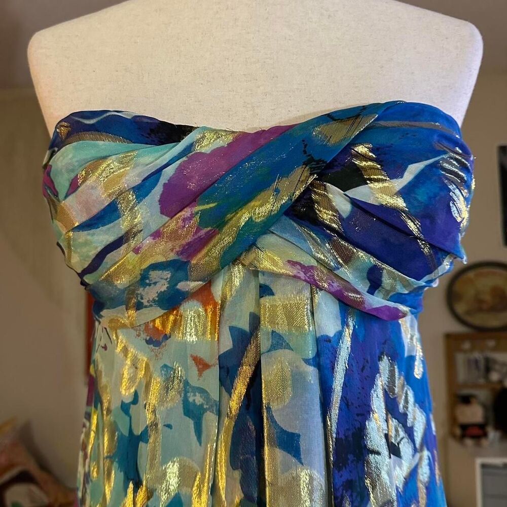 Caché Silk Turquoise and Gold Boho Bubble Mini Dress - Picture 4 of 8